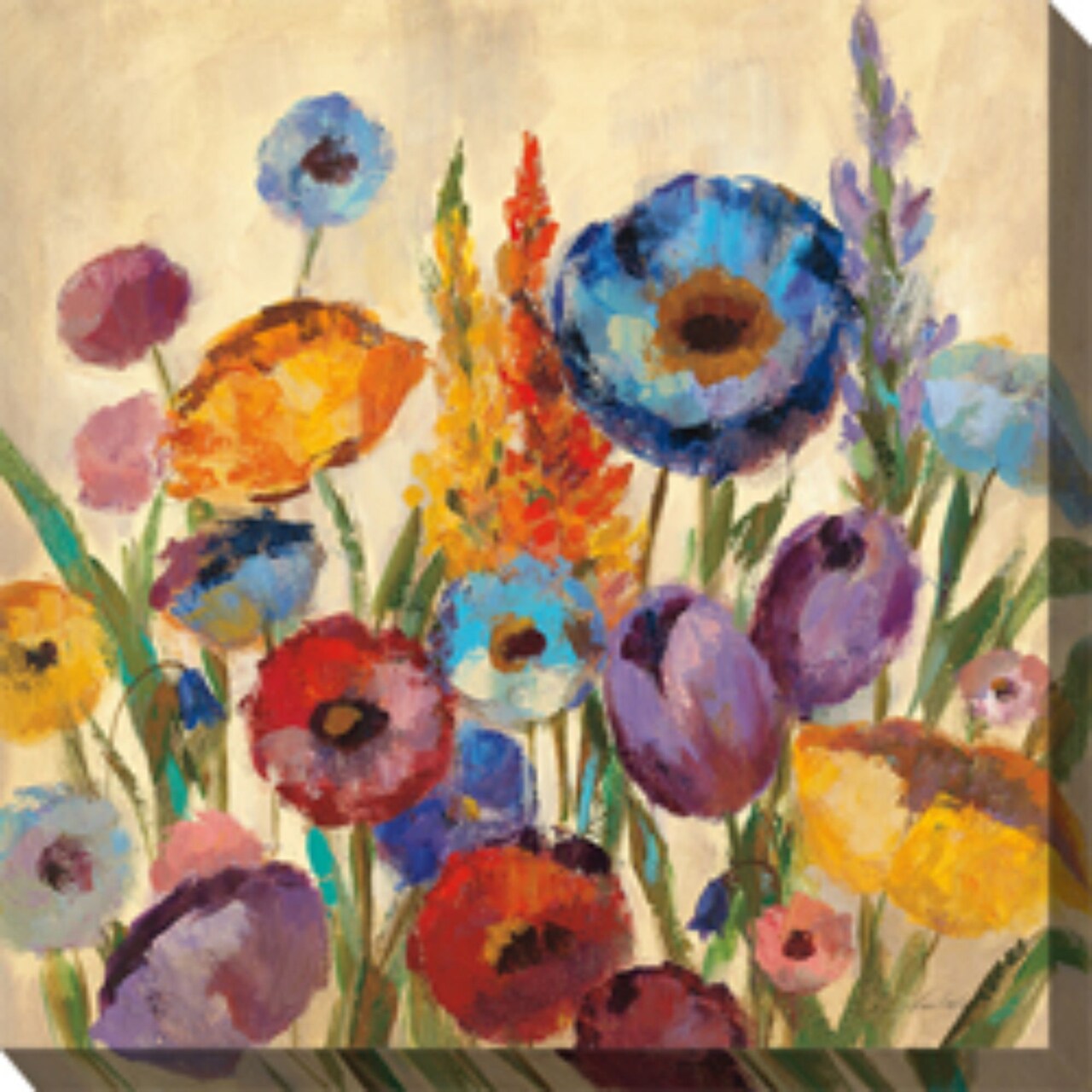 Outdoor Living and Style Blue and Purple Jovial Blooms Outdoor Canvas Square Wall Art Decor 24"